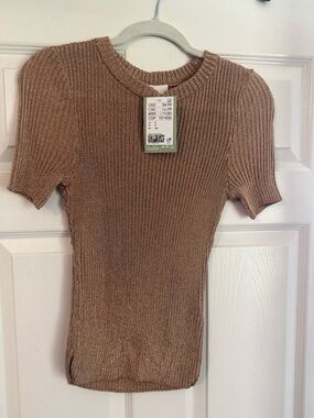 H&M Ribbed Short-Sleeve Top in Light Brown